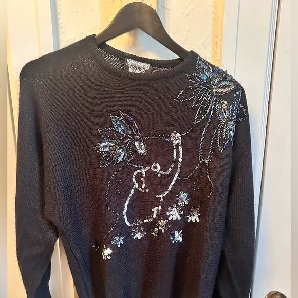 Vintage 80s/90s Bubbles International Black Sequin Beaded Floral Sweater, M - Picture 3 of 4
